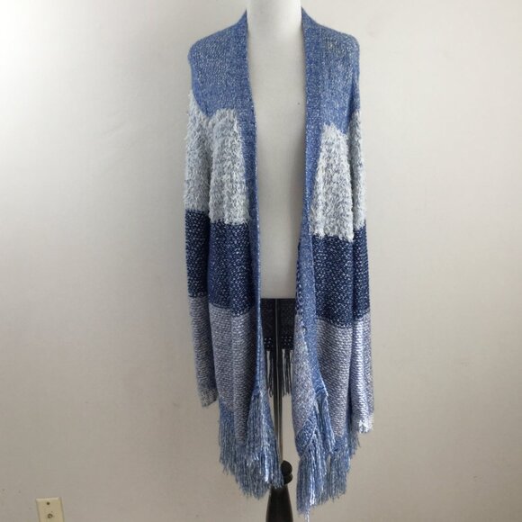 Lucky Brand Blue Wool Blend Fringe Longline Open Front Cardigan l - Picture 7 of 8